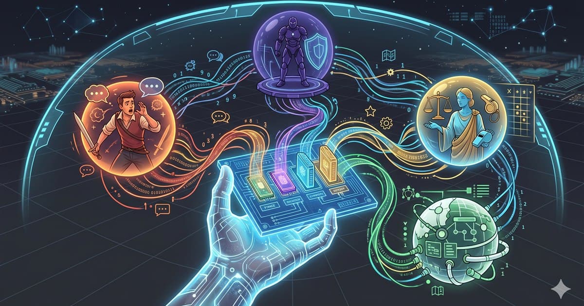 A glowing digital hand holds modular operator cards while an NPC actor, coach figure, and AI capsule are connected by streams of data.