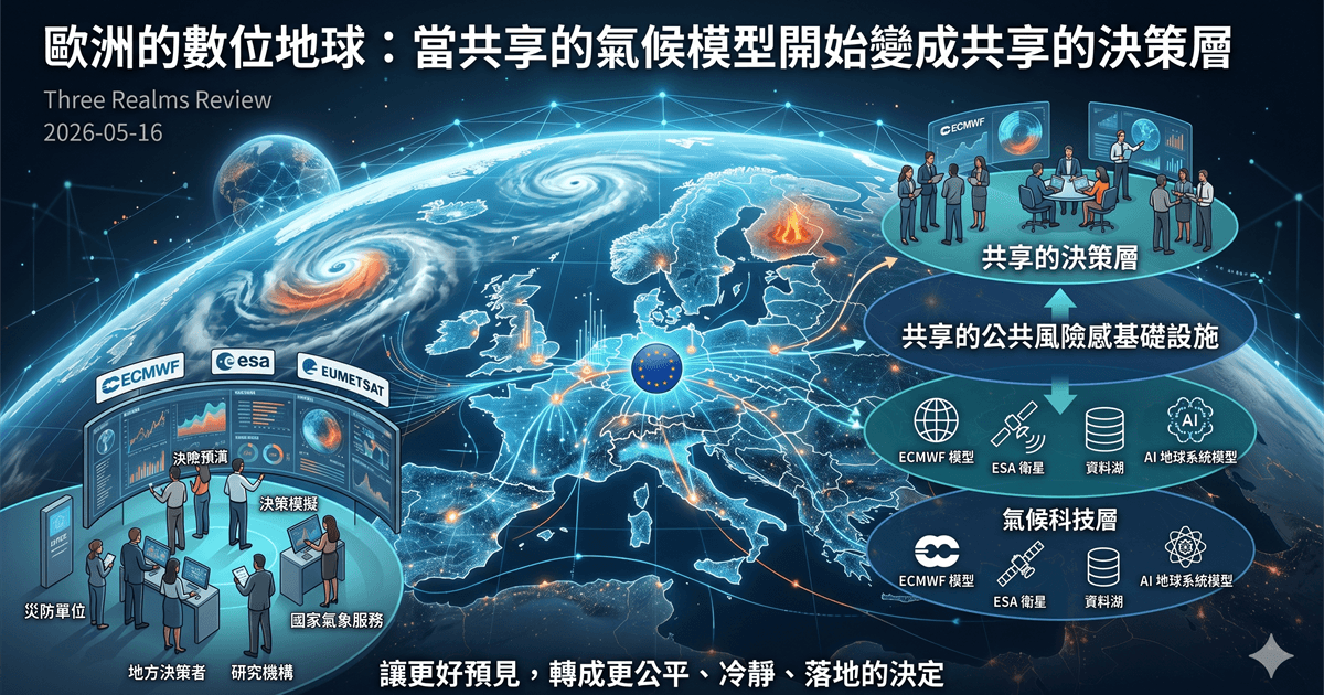 數位地球與氣候資料介面的概念圖,呈現以模型預演未來風險的場景。