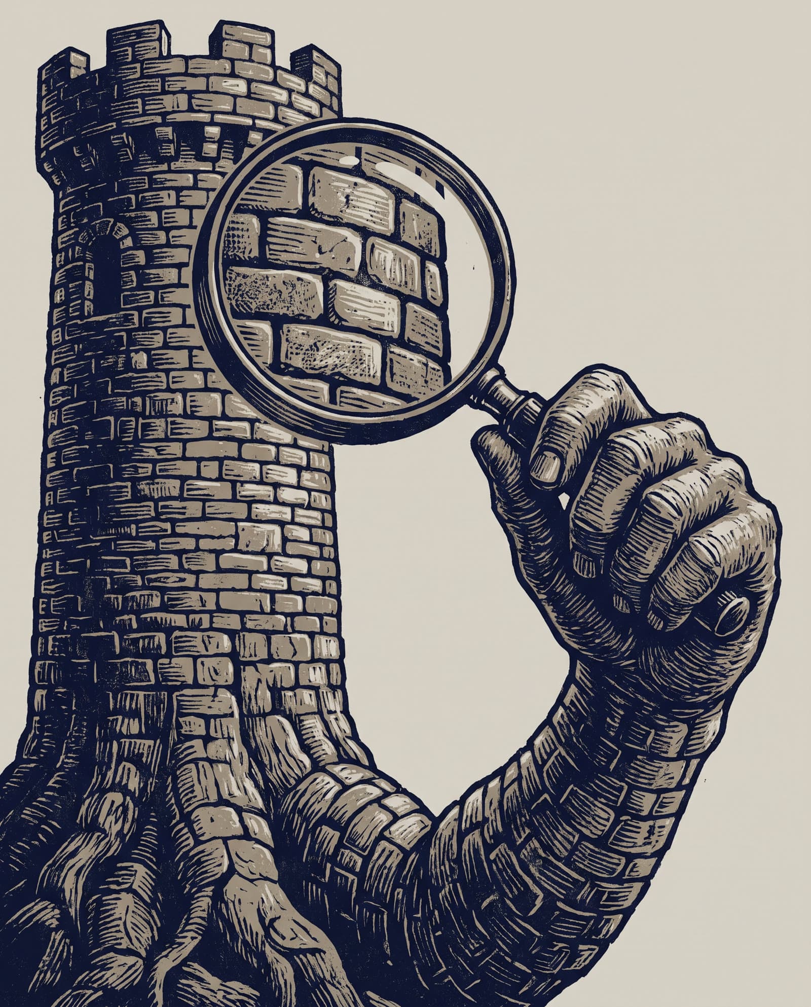 A hand holds a magnifying glass against the wall of a brick tower. Following the wrist downward, the arm grows out of the tower's own base, made of the same brick and the same grain, with no seam marking where the hand ends and the tower begins.